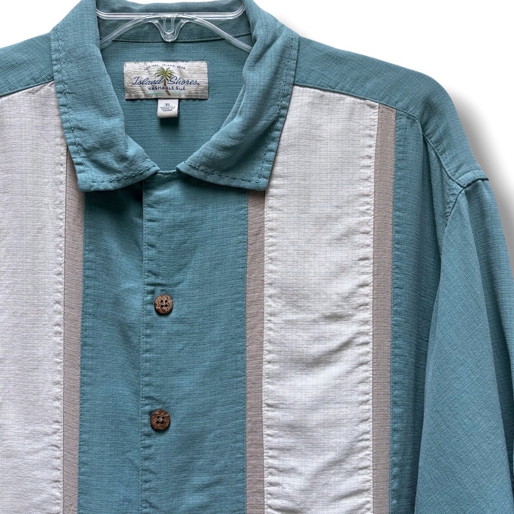 Island Shores Mens XL Washable Silk Teal Colorblock Short Sleeve Camp Shirt